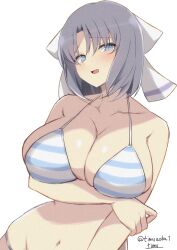 1girl absurdres arm_under_breasts artist_name bare_shoulders bikini blue_eyes blush breasts chimunge cleavage collarbone grey_hair hair_ribbon highres huge_breasts large_breasts medium_hair midriff navel ribbon senran_kagura senran_kagura_burst senran_kagura_burst_re:newal senran_kagura_estival_versus senran_kagura_shinovi_versus signature solo standing stomach striped_bikini striped_clothes swimsuit upper_body yumi_(senran_kagura)