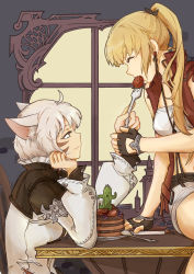 2girls absurdres blonde_hair final_fantasy final_fantasy_xiv food fruit highres lb_kkk lyse_hext miqo&#039;te multiple_girls pickle smile strawberry y&#039;shtola_rhul yuri
