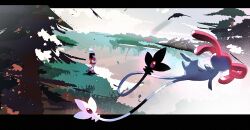 Rule 34 | 1girl, bag, beanie, commentary, dawn (pokemon), den4en, english commentary, floating, gen 4 pokemon, hat, highres, holding, holding bag, lake, legendary pokemon, mesprit, multiple tails, nintendo, on grass, outdoors, pokemon, pokemon (creature), pokemon dppt, pokemon platinum, scenery, standing, tail, tree, white bag, white hat