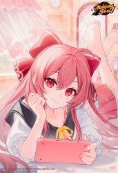 1girl absurdres ahoge barefoot bedroom bow clock curtains day elbow_rest feet fingernails frilled_sleeves frills fujita_kana handheld_game_console head_rest highres holding holding_handheld_game_console indoors long_hair looking_at_viewer lying mahjong_soul mirror nail_polish official_art on_bed on_stomach pink_nails pink_skirt pink_theme red_bow red_eyes sailor_collar short_sleeves skirt smile solo sunlight the_pose very_long_hair wall_clock wind yashiro_seika