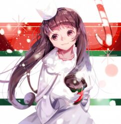 1girl artist_request blush brown_eyes brown_hair capelet cocoa_cookie commentary_request cookie_run cup dress gloves hat holding humanization long_hair long_sleeves looking_at_viewer mug non-web_source smile solo source_request very_long_hair white_dress white_gloves