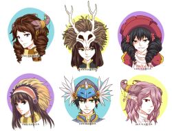 1boy 5girls animal_skull black_hair blue_eyes brown_hair champourado closed_mouth commentary commission creator_(ragnarok_online) cross dark_skin dress drill_hair earclip english_commentary expressionless gold_trim green_eyes grin hair_between_eyes hair_over_one_eye hat headdress high_priest_(ragnarok_online) juliet_sleeves long_hair long_sleeves looking_at_viewer multiple_girls native_american_headdress pointy_ears priest_(ragnarok_online) puffy_sleeves ragnarok_online red_dress red_hat scarf shaded_face short_hair simple_background skull_on_head smile sorcerer_(ragnarok_online) striped_clothes striped_scarf transparent_background twin_drills upper_body v-shaped_eyebrows white_dress