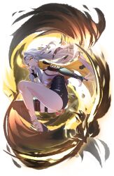 1girl absurdres black_shorts black_thighhighs border breasts highres large_breasts long_hair looking_at_viewer purple_(jobseeking) shirt shoes shorts sideboob single_thighhigh solo thigh_strsp thighhighs very_long_hair white_background white_border white_hair white_shirt white_shoes yellow_eyes yi_xuan_(zenless_zone_zero) zenless_zone_zero