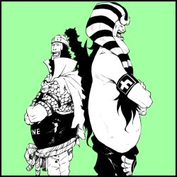 2boys ^_^ armband closed_eyes commentary_request crossed_arms erina_(canaliheath) green_background greyscale_with_colored_background hannyabal hat helmet horns long_hair male_focus multiple_boys nemes one_piece open_mouth profile rope smile t-bone_(one_piece) topless_male