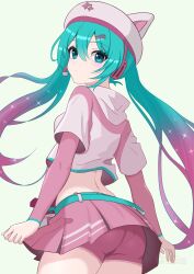 1girl absurdres animal_hat aqua_eyes aqua_hair ass back cat_hat crop_top cropped_sweater diamond_(shape) fingernails fortnite futatunoniji gradient_hair hat hatsune_miku headset highres logo long_hair long_sleeves looking_at_viewer megaphone multicolored_hair neko_hatsune_miku pink_hair pink_hat pink_shirt pink_shorts pink_skirt pink_sleeves pink_sweater shirt short_sleeves shorts skirt solo sweater twintails very_long_hair vocaloid