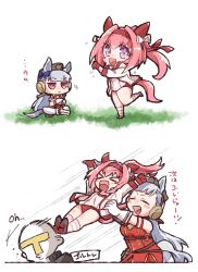 1boy 2girls animal_ears beer_hsk blunt_bangs blush bow bowtie breasts carrying carrying_person closed_eyes dress drop_kick ear_bow ear_covers flying_kick gloves gold_ship_(umamusume) grey_hair hairband haru_urara_(umamusume) hat headband highres horse_ears horse_girl horse_tail jacket kicking long_hair multiple_girls open_mouth pillbox_hat pink_eyes pink_hair ponytail purple_eyes school_uniform shirt smile t-head_trainer_(umamusume) tail tracen_school_uniform trainer_(umamusume) umamusume