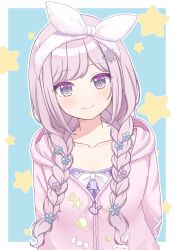 1girl arms_behind_back braid commentary_request commission flower_hairpin grey_eyes hair_ornament hairband head_tilt highres hood hood_down hoodie indie_virtual_youtuber ixia_(ixia424) kanade_awayuki long_hair looking_at_viewer pink_hair skeb_commission smile snowflake_hair_ornament solo star_(symbol) twin_braids upper_body virtual_youtuber