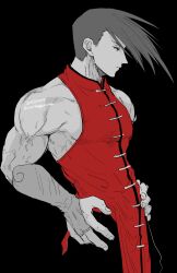 Rule 34 | 1boy, bare shoulders, bridal gauntlets, closed mouth, cowboy shot, gloves, greyscale, hands on own hips, highres, ikinaribaguruna, long bangs, looking ahead, male focus, mandarin collar, monochrome, muscular, muscular male, pants, profile, red shirt, shirt, short hair, sleeveless, solo, spot color, street fighter, street fighter iii (series), yang lee
