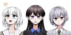 3girls bang_dream! bang_dream!_it&#039;s_mygo!!!!! black_hair black_shirt blue_eyes blush brown_eyes collared_shirt commentary_request diagonal-striped_clothes diagonal-striped_necktie green_necktie grey_hair grey_jacket hanasakigawa_school_uniform haneoka_school_uniform heterochromia highres jacket kaname_raana korean_commentary long_hair medium_hair mole mole_under_eye multiple_girls necktie neonfloyd open_mouth purple_eyes sailor_collar school_uniform shiina_taki shirt short_hair simple_background striped_clothes takamatsu_tomori teeth upper_body white_background white_hair white_sailor_collar white_shirt wolf_cut yellow_eyes