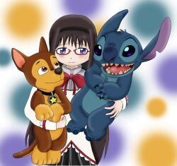 1girl 2boys abstract_background absurdres akemi_homura chase_(paw_patrol) crossover disney german_shepherd highres lifting_animal lilo_&amp;_stitch mahou_shoujo_madoka_magica majka626 mitakihara_school_uniform multiple_boys multiple_crossover paw_patrol school_uniform stitch_(lilo_&amp;_stitch)