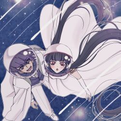 1girl :d :o alternate_costume bare_shoulders blush breasts brown_hair danganronpa_(series) danganronpa_v3:_killing_harmony detached_sleeves dress earrings facial_hair goatee harukawa_maki helmet highres jacket jewelry long_hair looking_at_viewer mole mole_under_eye momota_kaito open_mouth pants red_eyes satori_(aosky9077) small_breasts smile space space_helmet twintails white_dress white_jacket white_pants white_sleeves