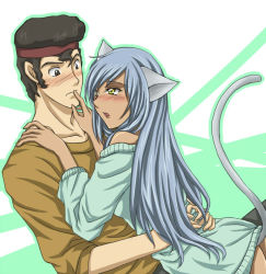 1boy 1girl animal_ears black_hair blush brown_eyes cat_ears cat_tail code_geass couple dark_skin headband lifted_by_tail long_hair ohgi_kaname short_hair silver_hair sweater tail uzura_(suzukane) villetta_nu yellow_eyes