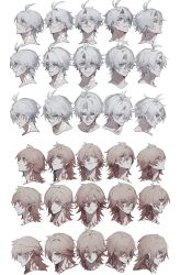 2boys absurdres blue_eyes braid chibi facial_tattoo grey_hair highres honkai:_star_rail honkai_(series) male_focus medium_hair multiple_boys multiple_views mydei_(honkai:_star_rail) orange_eyes phainon_(honkai:_star_rail) red_tattoo short_hair simple_background sunset_1830 tattoo upper_body white_background