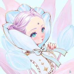 1girl blue_flower blush bow double_bun eyelashes facial_mark fingernails flower forehead_mark frills green_eyes hair_bun leaf lips looking_at_viewer makeup nose_blush oka-easelandshiro original parted_lips purple_hair rouge_(makeup) short_hair signature solo upper_body