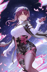 Rule 34 | 1girl, black jacket, breasts, butterfly ornament, chest harness, closed mouth, commentary, earrings, eyewear on head, glasses, gloves, harness, high-waist shorts, highres, hitohachan, honkai: star rail, honkai (series), jacket, jewelry, kafka (honkai: star rail), pantyhose, pantyhose under shorts, pearl earrings, pince-nez, purple eyes, purple gloves, purple hair, purple pantyhose, round eyewear, shirt, shorts, sky, solo, spider web print, star (sky), starry sky, white shirt