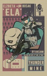 Rule 34 | 1girl, absurdres, aqua eyes, aqua hair, artist name, backpack, bag, baseball cap, black hat, black leggings, brown background, character name, chest harness, dated, ear protection, ela (rainbow six siege), explosive, fingerless gloves, gloves, goggles, goggles on headwear, green gloves, hand on own knee, harness, hat, headphones over headwear, headset, highres, holding, hood, hood down, hooded jacket, hua ha jiazi, invisible chair, jacket, leggings, lips, long sleeves, mine (weapon), parted lips, rainbow six siege, shoes, short hair, sitting, sneakers, solo, tactical clothes, teeth, two-tone leggings, upper teeth only, white jacket