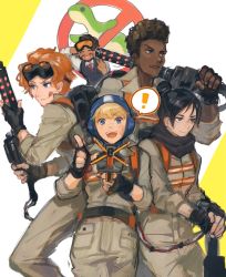 1boy 4girls ^_^ animification apex_legends arm_behind_head backpack bag bangalore_(apex_legends) black_gloves black_vest blue_eyes brown_eyes brown_hair brown_jumpsuit cable closed_eyes dark-skinned_female dark-skinned_male dark_skin energy_reader_(apex_legends) facial_scar fingerless_gloves ghostbusters gloves goggles goggles_on_head hair_behind_ear hair_bun highres holding holding_weapon horizon_(apex_legends) jumpsuit licking_lips mirage_(apex_legends) multiple_girls nessie_(respawn) parody parted_bangs paseritaberuman pointing scar scar_on_cheek scar_on_face shirt short_hair single_hair_bun sketch smile tongue tongue_out v v-shaped_eyebrows vest wattson_(apex_legends) weapon white_shirt wraith_(apex_legends)