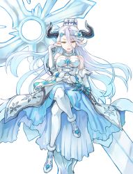 1girl bare_shoulders breasts brown_eyes crystal_sword draph dress elbow_gloves female_focus flower full_body gloves gradient_hair granblue_fantasy hair_between_eyes hair_flower hair_ornament hat horns izmir large_breasts long_hair multicolored_hair pointy_ears purple_hair simple_background solo strapless strapless_dress sword very_long_hair weapon white_background white_dress yuugiri_(u-slash)