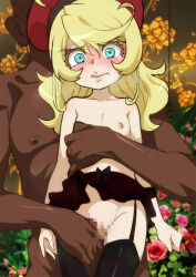 1boy 1girl blonde_hair blush censored dark-skinned_male dark_skin flat_chest hetero highres interracial jcm2 loli mosaic_censoring nipples tanya_degurechaff thighhighs youjo_senki