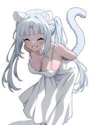 Rule 34 | 1girl, absurdres, animal ear fluff, arms behind back, bare shoulders, blue hair, blush, breasts, closed eyes, dress, facing viewer, grin, highres, indie virtual youtuber, large breasts, leaning forward, long hair, mekato, pixela project, see-through clothes, see-through silhouette, simple background, sleeveless, sleeveless dress, smile, solo, standing, sundress, tail, very long hair, virtual youtuber, white background, white dress, zelina (pixela project)