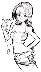00s 1girl alcohol bad_id bad_pixiv_id beer belt breasts eureka_seven eureka_seven_(series) female_focus greyscale midriff miniskirt monochrome saitou_yahu short_hair simple_background skirt smile solo talho_yuuki tank_top