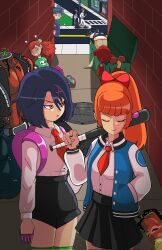 3boys 5girls alley ass backpack bag baseball_bat black_hair blue_eyes bow breasts closed_eyes defeat godai_(kunio-kun) ifspartan kunio-kun kunio-kun_series kyoko_(kunio-kun) long_hair long_sleeves misako_(kunio-kun) multiple_boys multiple_girls muscular muscular_male necktie orange_hair panties ponytail red_bow red_eyes riki_(kunio-kun) river_city_girls robot school_uniform short_shorts shorts skirt topless_male underwear