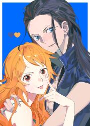 2girls :p black_hair blue_background blue_eyes border eyelashes hair_slicked_back heart high_collar highres long_hair looking_at_viewer multiple_girls nami_(one_piece) nico_robin one_piece pachi1014813 smile tongue tongue_out white_border