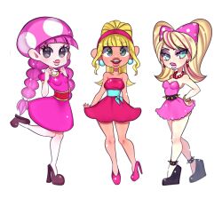 Rule 34 | 3girls, blonde hair, blue eyes, bow, breasts, cleavage, dixie kong, dress, earrings, humanization, jewelry, long hair, looking at viewer, mario (series), multiple girls, nintendo, open mouth, personification, raven (04070714), simple background, smile, toadette, wendy o. koopa