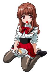 1girl bandabekken bronze_parrot cake cosplay female_focus food fruit long_hair morino_ichigo name_connection object_namesake onegai_teacher onegai_twins pantyhose pastry solo strawberry waitress