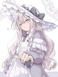 1girl black_bow black_ribbon blue_nails blush bow closed_mouth commentary dress frilled_hat frills grey_dress grey_hair hair_between_eyes hat hat_bow highres long_hair long_sleeves looking_at_viewer nail_polish neck_ribbon original pink_eyes ribbon solo twitter_username upper_body white_hat yuni_0205