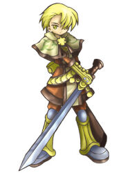 1boy 2000s_(style) armored_boots artist_request asymmetrical_bangs bad_id blonde_hair boots brown_shirt brown_shorts capelet closed_mouth expressionless full_body holding holding_sword holding_weapon long_sleeves looking_at_viewer lowres male_focus official_art pelvic_curtain ragnarok_online shirt short_hair shorts simple_background solo standing sword swordsman_(ragnarok_online) weapon white_background white_capelet yellow_eyes