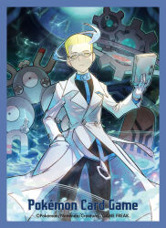 1boy :o beheeyem black_pants blonde_hair blue_border blue_hair border closed_mouth copyright_name copyright_notice floating gears gen_1_pokemon gen_5_pokemon glasses green_eyes hand_in_pocket highres holding jacket kazama_raita klinklang lab_coat magnet magneton multicolored_hair nintendo official_art open_mouth pants pokemon pokemon_(creature) pokemon_bw2 pokemon_tcg screw short_hair standing team_plasma third-party_source two-tone_hair white_jacket yellow_eyes