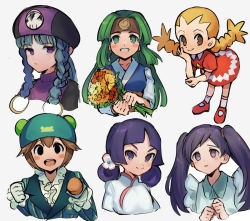 6+girls aqua_hair bent_over black_eyes blonde_hair blush blush_stickers bouquet braid breasts brown_eyes brown_hair capcom child collar dress flower frilled_collar frilled_sleeves frills fringe_trim gloves green_eyes green_hair hair_bun hair_ornament hair_rings hand_on_own_cheek hand_on_own_elbow hand_on_own_face hat headband holding holding_bouquet holding_microphone japanese_clothes jasmine_(mega_man) kimono long_hair looking_to_the_side medium_breasts mega_man_(series) mega_man_battle_network mega_man_battle_network_(series) mega_man_battle_network_1 mega_man_battle_network_2 mega_man_battle_network_4 mega_man_battle_network_5 microphone miyu_(mega_man) mugshot multiple_girls nakafuji_eiji open_mouth purple_eyes purple_hair red_dress red_footwear ribitta_(mega_man) sal_(mega_man) shoes short_hair shuko_kido_(mega_man) sidelocks simple_background single_hair_bun smile teeth twintails white_background white_gloves worried yai_ayanokoji_(mega_man)