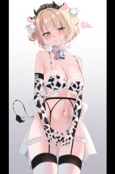 1girl acedia animal_print back_bow bell blonde_hair blunt_bangs blush bow bra breasts choker cleavage commentary cow_ear_hairband cow_print cow_print_bra cow_print_gloves cow_print_panties cow_tail cowboy_shot elbow_gloves english_commentary frilled_bra frilled_choker frilled_panties frilled_skirt frills garter_belt gloves gradient_background green_eyes hair_ornament hair_rings heart highres indie_virtual_youtuber looking_at_viewer miniskirt navel neck_bell paid_reward_available panties pom_pom_(clothes) pom_pom_hair_ornament pout print_gloves shigure_ui_(vtuber) short_hair simple_background skirt solo stomach straight-on tail thighhighs two_side_up underwear virtual_youtuber