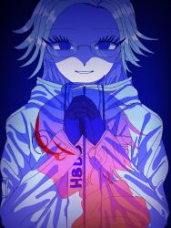 2boys aotsuki_eito black_gloves blue_background blue_eyes eyelashes gloves gradient_background grin highres long_sleeves male_focus multiple_boys open_mouth silhouette smile sumino_takumi the_hundred_line_-last_defense_academy- white_hair