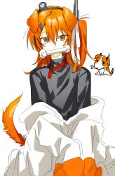 1girl a.i._voice adachi_rei animal_collar animal_ears black_shirt bone_in_mouth collar commentary dog_ears dog_girl dog_tail floppy_ears hair_ribbon highres hirune_(suiminbusoku118) jacket kemonomimi_mode looking_at_viewer off_shoulder one_side_up orange_eyes orange_hair ribbon shirt solo tail upper_body utau white_background white_jacket