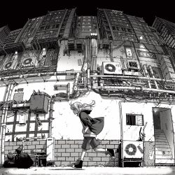 1girl air_conditioner building city cityscape fisheye from_side greyscale hands_in_pockets highres hood hood_down monochrome omao original outdoors scenery shorts side_ponytail sign solo urban wide_shot wire