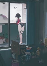 1girl absurdres alcohol beer bottle camisole can drink_can drinking_straw food from_behind full_body green_camisole highres jane_doe_(zenless_zone_zero) midfinger mouse_girl mouse_tail noodles ramen sharp_tail solo tail underwear zenless_zone_zero