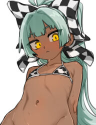 1girl :&lt; aqua_hair bikini blush bow checkered_bow checkered_clothes commentary_request dark-skinned_female dark_skin eiyuu_senki eiyuu_senki_ww eumenes_(eiyuu_senki) flat_chest from_below hair_bow hip_bones long_hair looking_at_viewer matangom navel solo sweat swimsuit upper_body