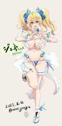 1girl bare_shoulders bikini blonde_hair blue_bikini blue_eyes blue_ribbon blue_sandals blush breasts collarbone frilled_bikini frills gene_(pso2) green_hair hair_ribbon heart heart_hands highres huge_breasts legs long_hair long_legs looking_at_viewer mine_(wizard) multicolored_bikini multicolored_hair navel open_mouth phantasy_star phantasy_star_online_2 ribbon sandals side-tie_bikini_bottom signature solo sweat swimsuit tan_background thighs tongue twintails two-tone_bikini two-tone_hair wet white_bikini wrist_cuffs