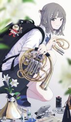 1girl asai_umi ashtray backpack bag blue_neckwear blunt_bangs blush braid charm_(object) cigarette cow earbuds earphones eyebrows_hidden_by_hair flower french_horn from_side gradient_background grey_eyes grey_hair hair_ornament hairclip highres instrument charm_(object) looking_at_viewer metronome oil original school_uniform shirt short_hair short_sleeves string_tie stuffed_animal stuffed_toy thick_eyebrows white_shirt