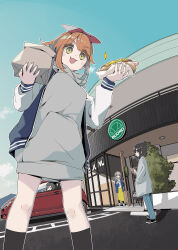 Rule 34 | 4girls, :3, afro (kngotezo), amamiya satsuki (mono), bag, black hair, black shoes, black socks, blue jacket, blue pants, blue sky, blush, bow, breath, building, car, commentary request, cover, cover image, cover page, day, dress, eating, food, food wrapper, grey dress, grey hair, grey jacket, hair bow, hands up, highres, holding, holding food, hot dog, inomata fuuka, jacket, kei car, kiriyama an, kneehighs, letterman jacket, long skirt, looking at viewer, manga cover, mono (afro), motor vehicle, multiple girls, official art, open clothes, open jacket, orange hair, outdoors, pants, paper bag, parking lot, perspective, red bow, red car, shikishima sakurako, shirt, shoes, shop, sidelocks, sign, skirt, sky, socks, sparkle, subaru (brand), tree, yamanashi prefecture, yellow eyes, yellow shirt