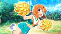 Rule 34 | 1girl, :d, blue eyes, blue shoes, blue skirt, cheering, cheerleader, day, foot out of frame, game cg, highres, higurashi no naku koro ni, higurashi no naku koro ni mei, holding, holding pom poms, leg up, looking at viewer, midriff, miniskirt, non-web source, official art, open mouth, orange hair, outdoors, pleated skirt, pom pom (cheerleading), pom poms, power lines, ryuuguu rena, shirt, shoes, short hair, skirt, sleeveless, sleeveless shirt, smile, socks, solo, tree, utility pole, white socks