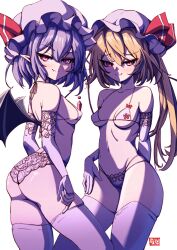 2girls absurdres bat_wings blue_eyes flandre_scarlet hat highres lingerie looking_at_viewer multiple_girls nemojona panties pointy_ears remilia_scarlet ribbon thighhighs touhou underwear wings