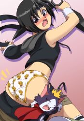 blush cait_sith_(final_fantasy) clothes_pull embarrassed euf-dreamer final_fantasy final_fantasy_vii highres panties pantsed print_panties shorts shorts_pull underwear yuffie_kisaragi