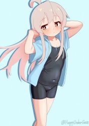 1girl ahoge artist_name bare_arms bare_legs blue_background blue_jacket breasts brown_eyes closed_mouth colored_inner_hair commentary covered_navel dot_mouth drawstring grey_hair happyundergate highres hood hood_down hooded_jacket jacket long_hair multicolored_hair onii-chan_wa_oshimai! open_clothes open_jacket oyama_mahiro pink_hair short_sleeves sidelocks simple_background small_breasts solo twitter_username two-tone_hair