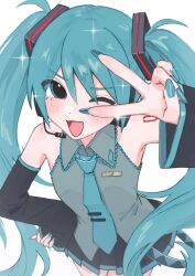 1girl absurdres aqua_eyes aqua_hair aqua_nails aqua_necktie black_skirt black_sleeves blush collared_shirt commentary cowboy_shot fingernails grey_shirt hair_between_eyes hamafugu hatsune_miku highres long_fingernails long_hair looking_at_viewer nail_polish necktie one_eye_closed open_mouth pleated_skirt shirt simple_background skirt sleeveless sleeveless_shirt smile solo symbol-only_commentary twintails v vocaloid white_background