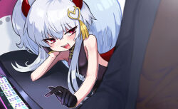 1boy 1girl black_dress black_gloves blush china_dress chinese_clothes demon_girl demon_horns dress gloves grim_aloe hair_ornament half_gloves head_rest heart heart_hair_ornament highres horns long_hair mahjong mahjong_fight_girl onakaatatame open_mouth pointing red_eyes red_horns sleeveless sleeveless_dress smile solo_focus twintails white_hair
