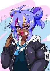 Rule 34 | 1girl, black sweater vest, blue archive, blue necktie, dark-skinned female, dark skin, eyelashes, eyeshadow, ganguro, gyaru, houbou ura, lipstick, makeup, maki (blue archive), multicolored hair, necktie, sweater vest, thick lips, yamanba (gyaru)