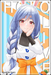 1girl absurdres animal_ears black_bodysuit blue_hair bodysuit braid braided_ponytail closed_mouth copyright_name dress hair_over_shoulder hand_on_own_face highres hololive long_hair mature_female multicolored_hair orange_eyes pekomama rabbit_ears rabbit_girl smile solo sterben_(sterben_dead) two-tone_hair very_long_hair virtual_youtuber white_dress white_hair